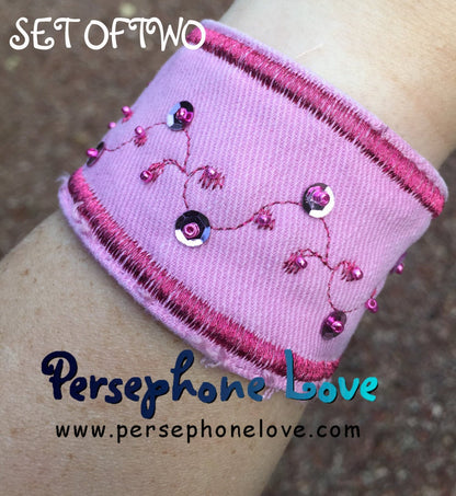 TWO Pink embroidered beaded upcycled denim bracelets