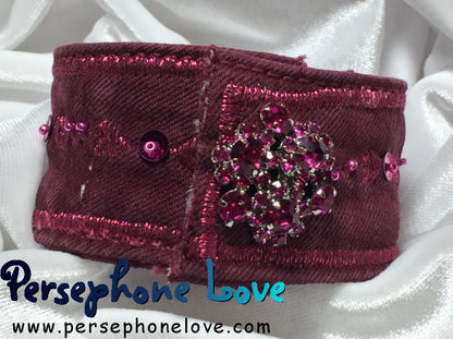 Magenta pink embroidered upcycled denim jean bracelet rhinestone-1127
