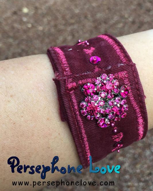 Magenta pink embroidered upcycled denim jean bracelet rhinestone-1127