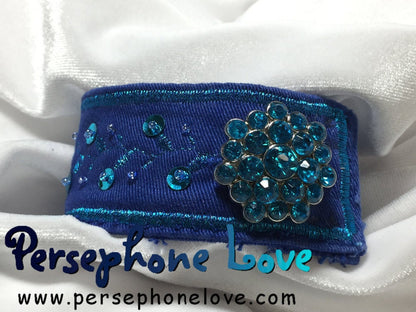 Blue embroidered beaded upcycled denim bracelet-1130