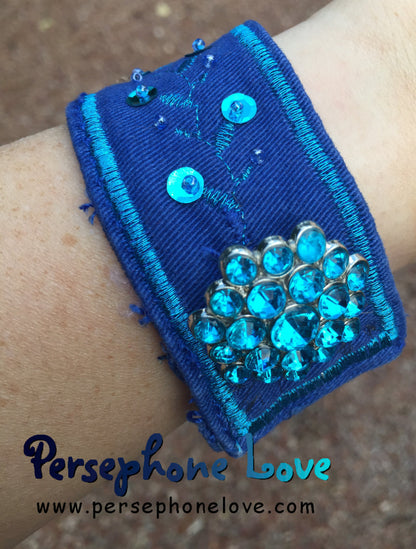 Blue embroidered beaded upcycled denim bracelet-1130