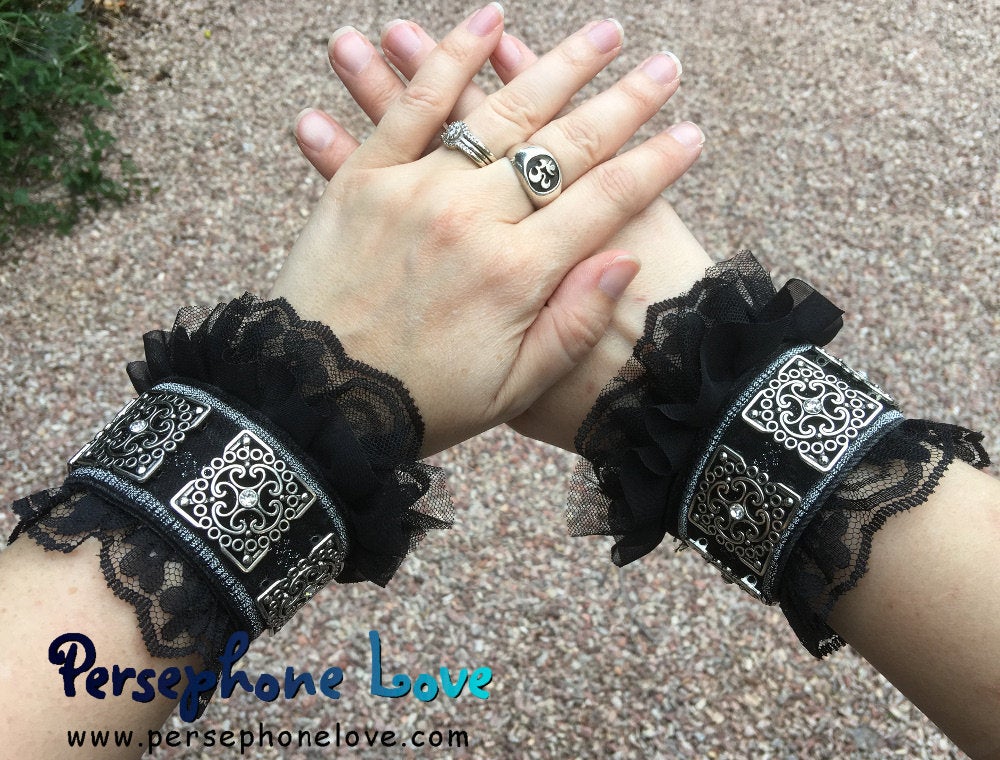 TWO Black silver embroidered upcycled gothic denim rhinestone bracelets (one pair)-1111