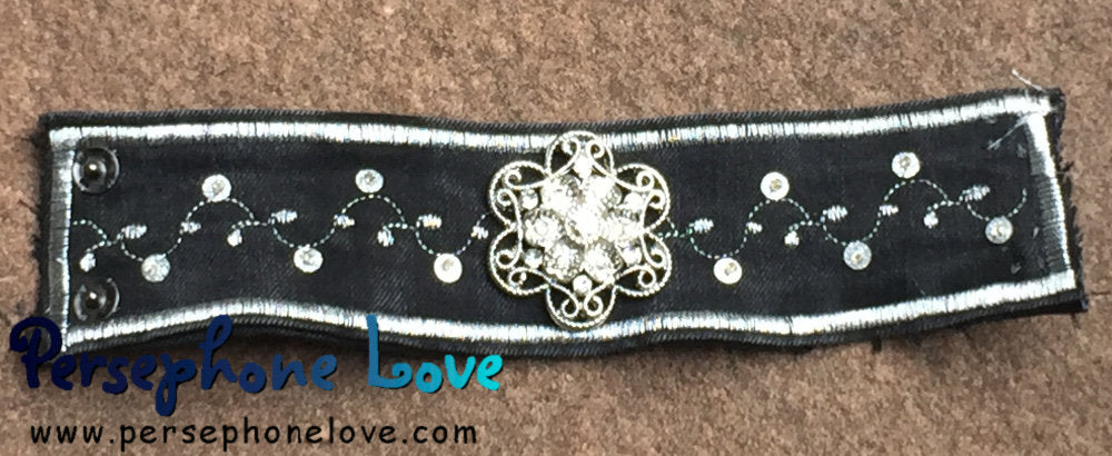 Black silver embroidered upcycled Gothic denim rhinestone bracelet lace-1167