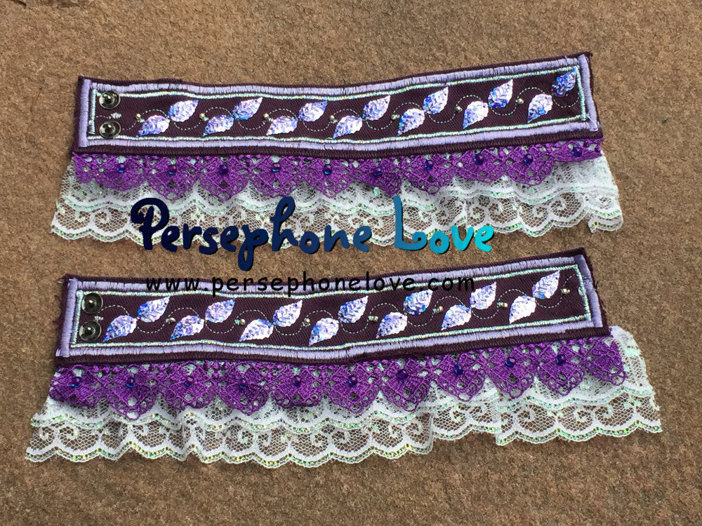 TWO Purple silver embroidered upcycled Victorian Rococo denim beaded lace bracelets