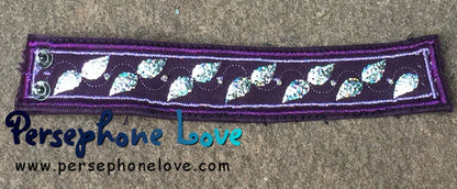 Purple embroidered/beaded silver sequin upcycled denim bracelet-1174