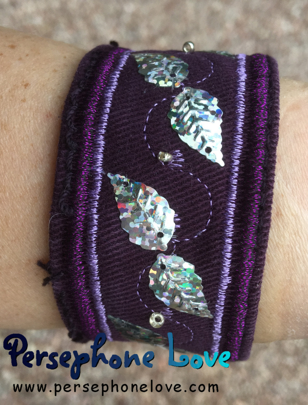 Purple embroidered/beaded silver sequin upcycled denim bracelet-1174