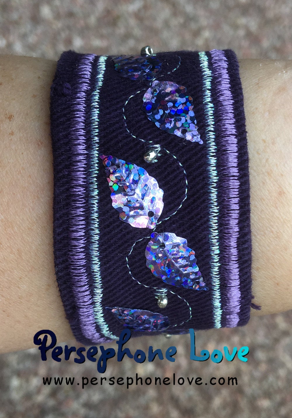 Purple embroidered/beaded purple sequin upcycled denim  bracelet-1170