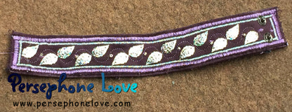 Purple embroidered/beaded silver sequin upcycled denim bracelet-1169