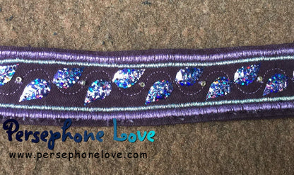 Purple embroidered/beaded purple sequin upcycled denim bracelet-1172