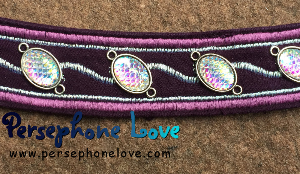 Purple embroidered mermaid scale beaded upcycled embroidered denim bracelet-1176