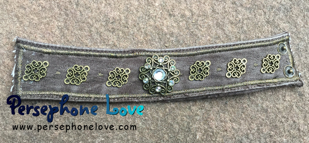 Brown bronze embroidered upcycled denim rhinestone steampunk bracelet - small-1177