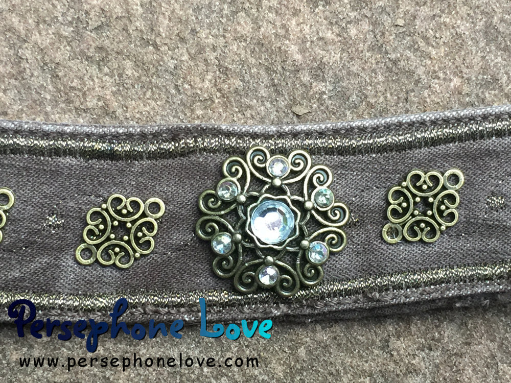 Brown bronze embroidered upcycled denim rhinestone steampunk bracelet - small-1177