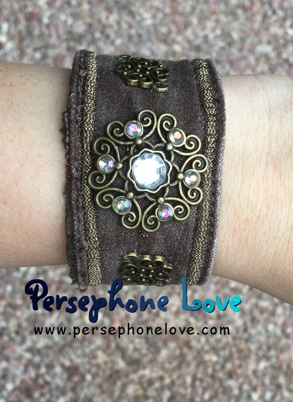 Brown bronze embroidered upcycled denim rhinestone steampunk bracelet - small-1177