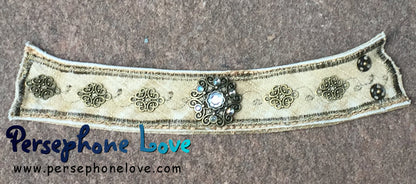 Tan bronze embroidered upcycled denim steampunk hippie festival rhinestone bracelet-1180