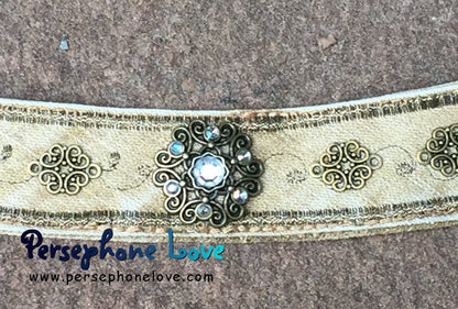 Tan bronze embroidered upcycled denim steampunk hippie festival rhinestone bracelet-1180