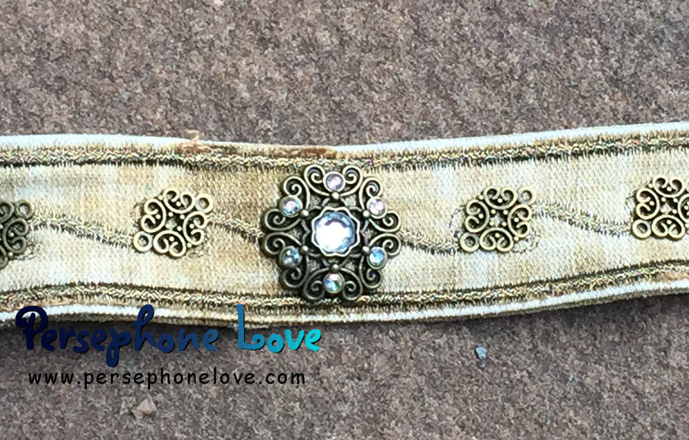 Tan  bronze embroidered upcycled denim steampunk rhinestone bracelet-1181