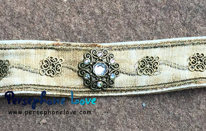 Tan  bronze embroidered upcycled denim steampunk rhinestone bracelet-1181