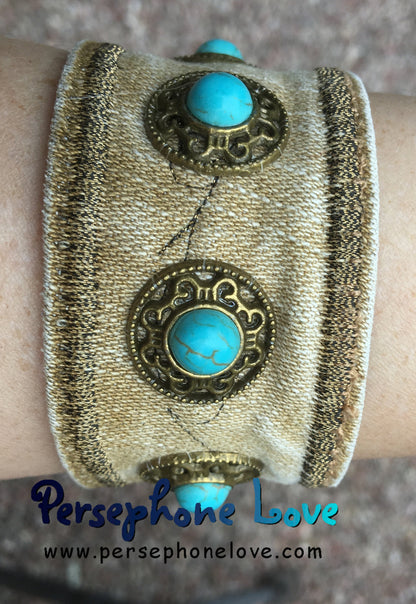 Tan bronze embroidered upcycled denim turquoise steampunk bracelet cuff festival jewelry-1183