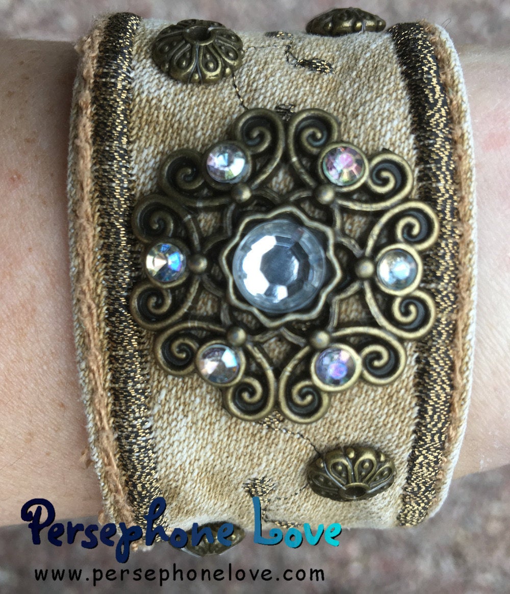 Tan bronze embroidered upcycled denim steampunk hippie festival rhinestone bracelet-1184