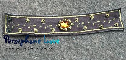 Brown gold embroidered upcycled denim rhinestone steampunk bracelet - small-1185