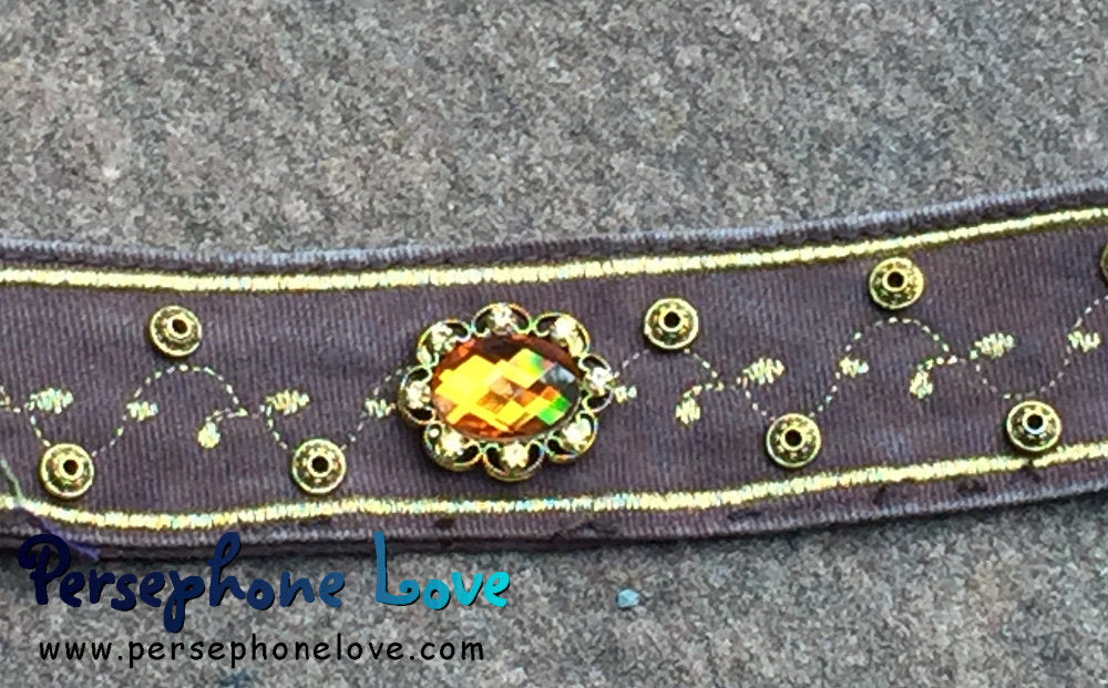 Brown gold embroidered upcycled denim rhinestone steampunk bracelet - small-1185