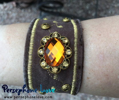Brown gold embroidered upcycled denim rhinestone steampunk bracelet - small-1185