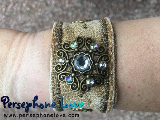 Tan bronze embroidered upcycled denim steampunk hippie festival rhinestone bracelet-1180