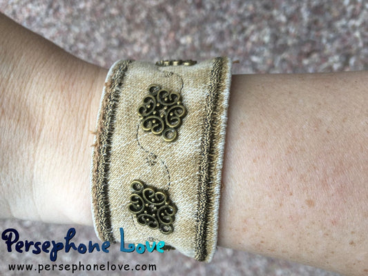 Tan bronze embroidered upcycled denim steampunk bracelet-1178