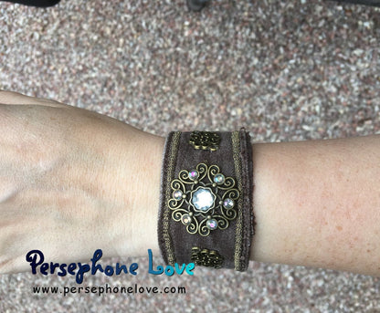 Brown bronze embroidered upcycled denim rhinestone steampunk bracelet - small-1177