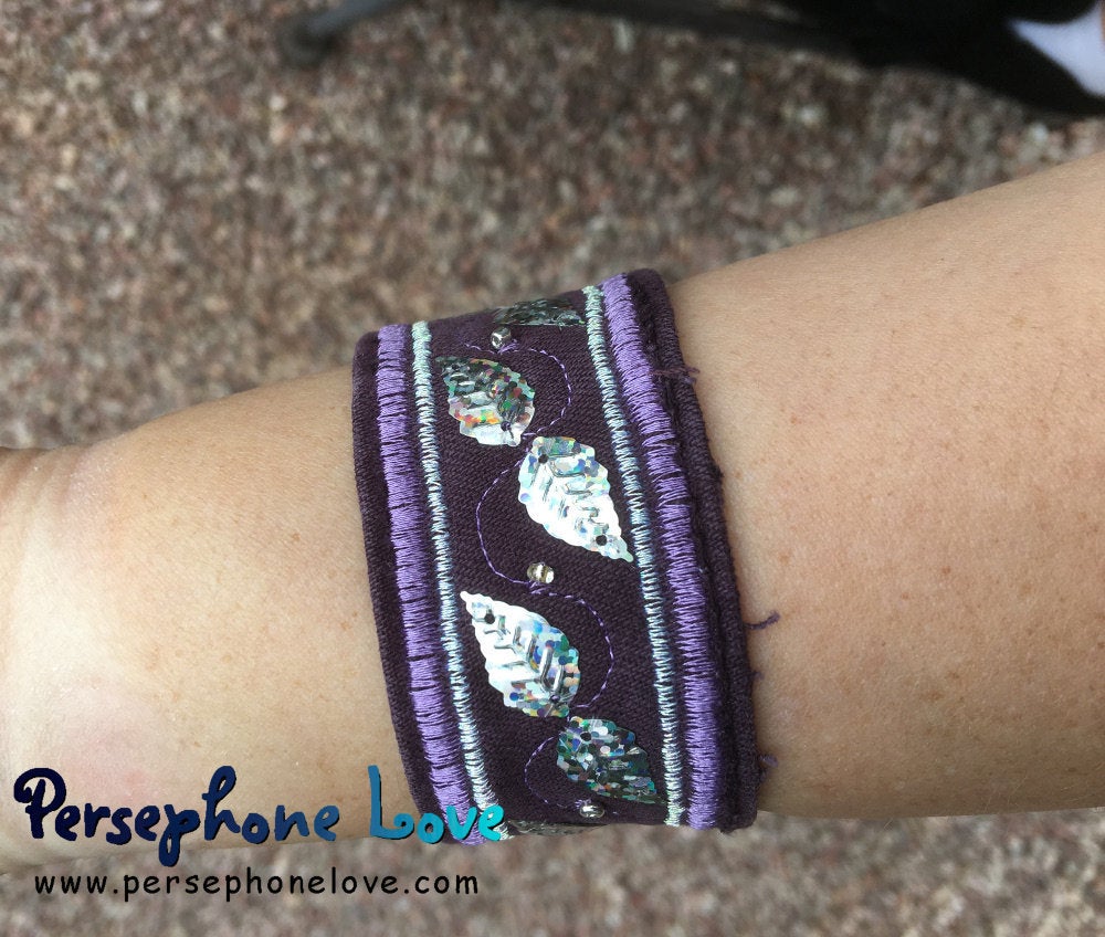 Purple embroidered/beaded silver sequin upcycled denim bracelet-1169