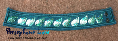 Teal turquoise embroidered leaf sequin upcycled denim hippie festival  bracelet-1187