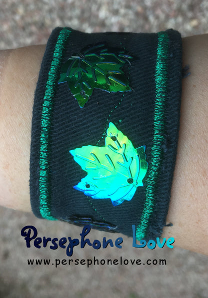 Green embroidered iridescent maple leaf sequin upcycled denim bracelet-1188