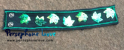 Green embroidered iridescent maple leaf sequin upcycled denim bracelet-1188