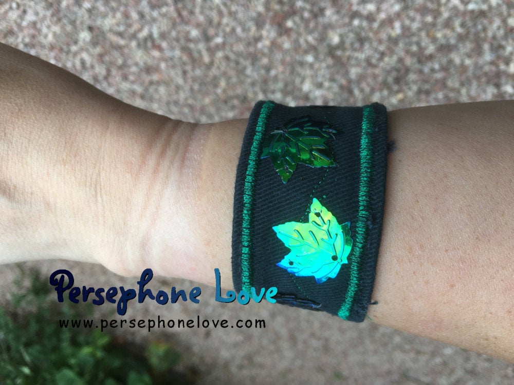 Green embroidered iridescent maple leaf sequin upcycled denim bracelet-1188