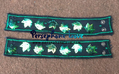 TWO green embroidered maple leaf sequins upcycled hippie festival denim bracelets