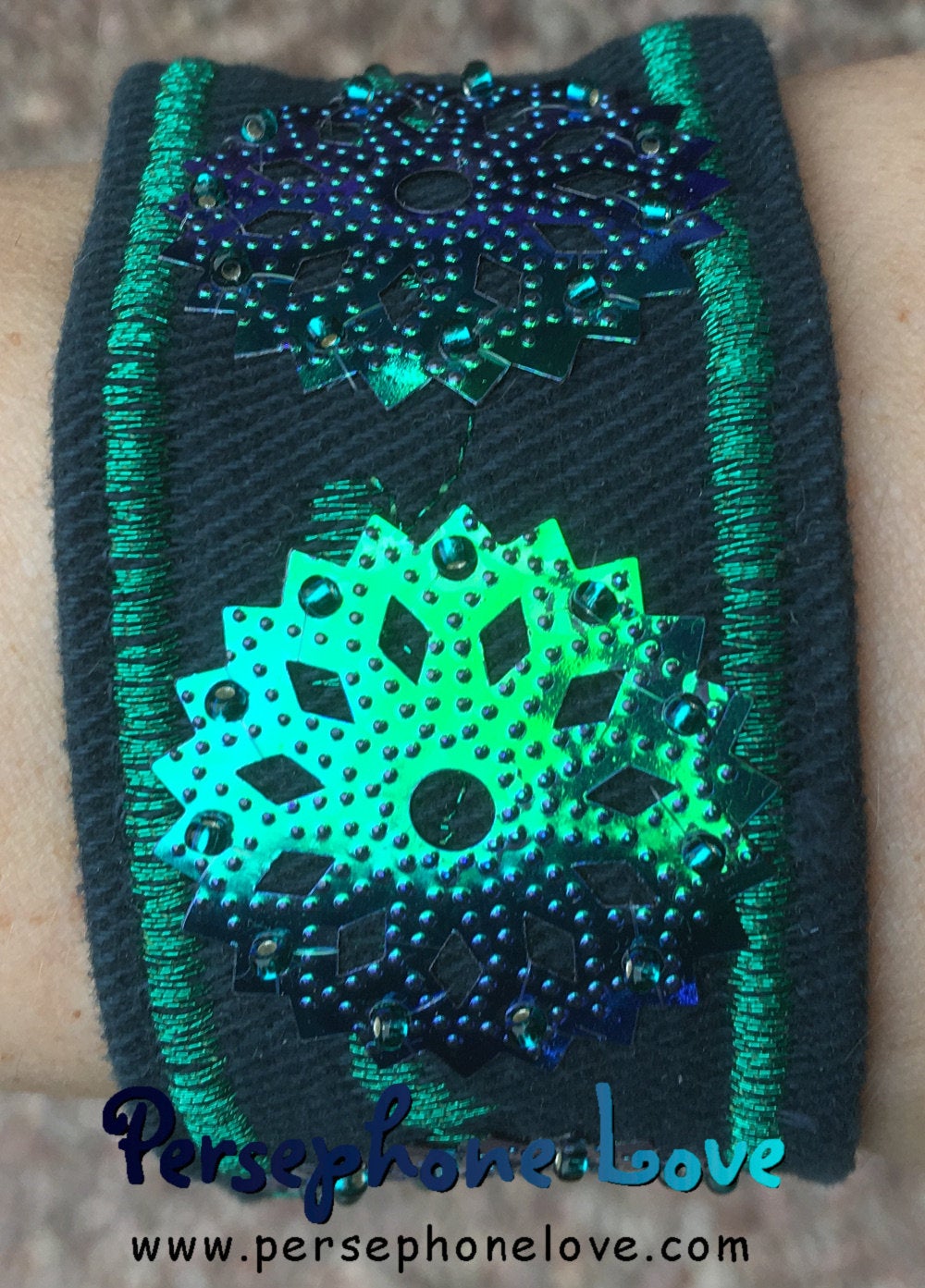 Green beaded kaleidoscope sequin upcycled denim hippie festival bracelet-1190
