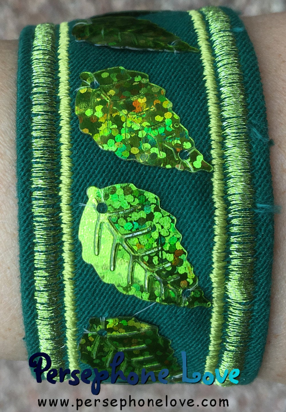 Green embroidered leaf sequin upcycled denim hippie bracelet-1192