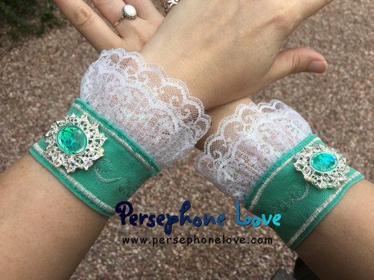 TWO green silver embroidered upcycled Victorian Rococo French chic look denim jean bracelets