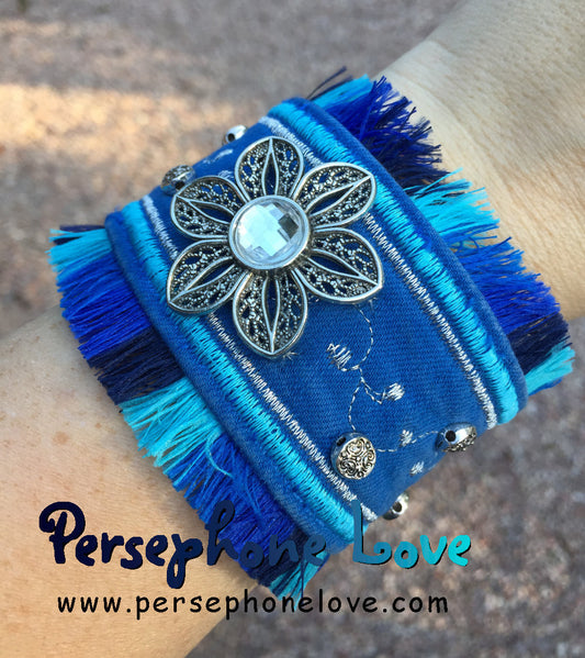 Blue embroidered beaded upcycled denim bracelet-1121