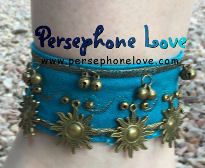 TWO Blue/gold embroidered celestial sun upcycled denim bellydance anklets-1156