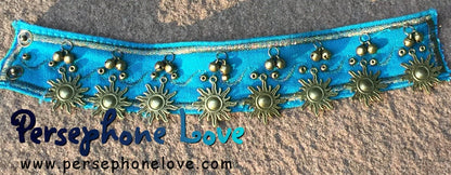 TWO Blue/gold embroidered celestial sun upcycled denim bellydance anklets-1156