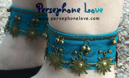 TWO Blue/gold embroidered celestial sun upcycled denim bellydance anklets-1156