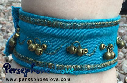 TWO Blue/gold embroidered upcycled denim bellydance bells anklets-1144