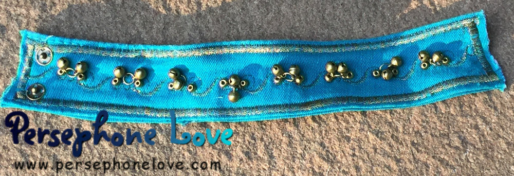 TWO Blue/gold embroidered upcycled denim bellydance bells anklets-1144