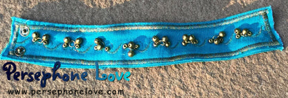 TWO Blue/gold embroidered upcycled denim bellydance bells anklets-1144