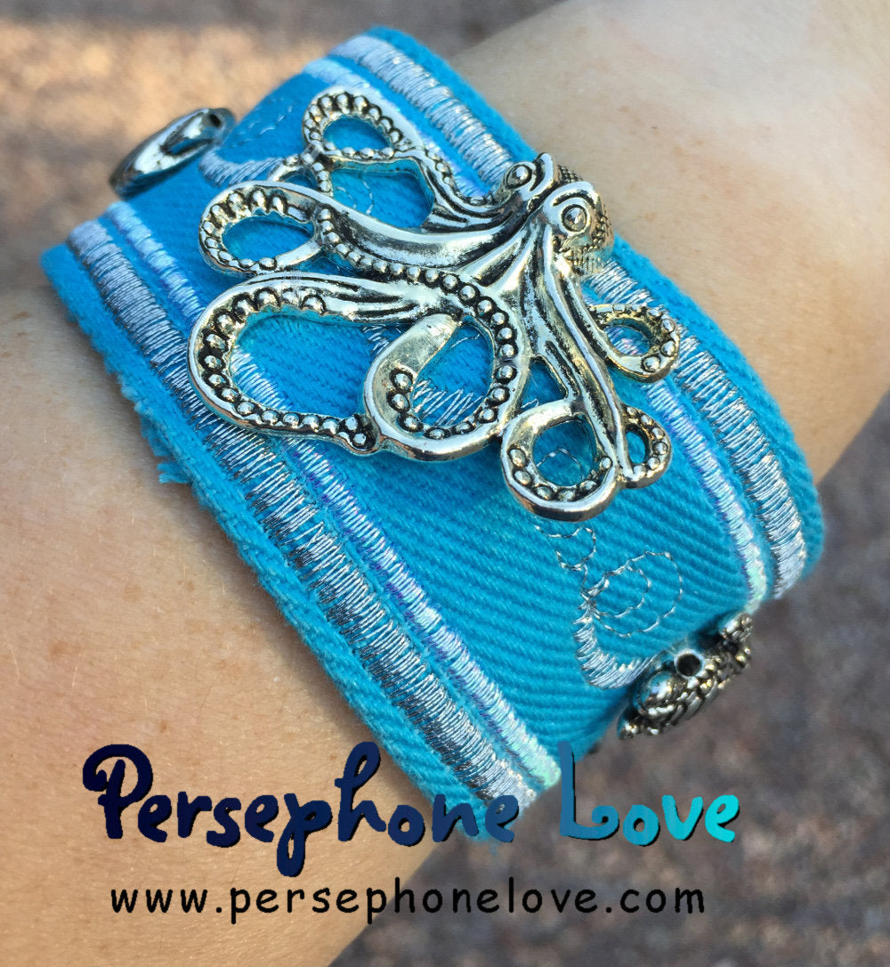 Light blue silver embroidered beaded upcycled denim bracelet ocean octopus sea charms-1162