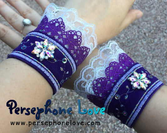 TWO Purple lavender iridescent white embroidered upcycled rhinestone denim bracelets