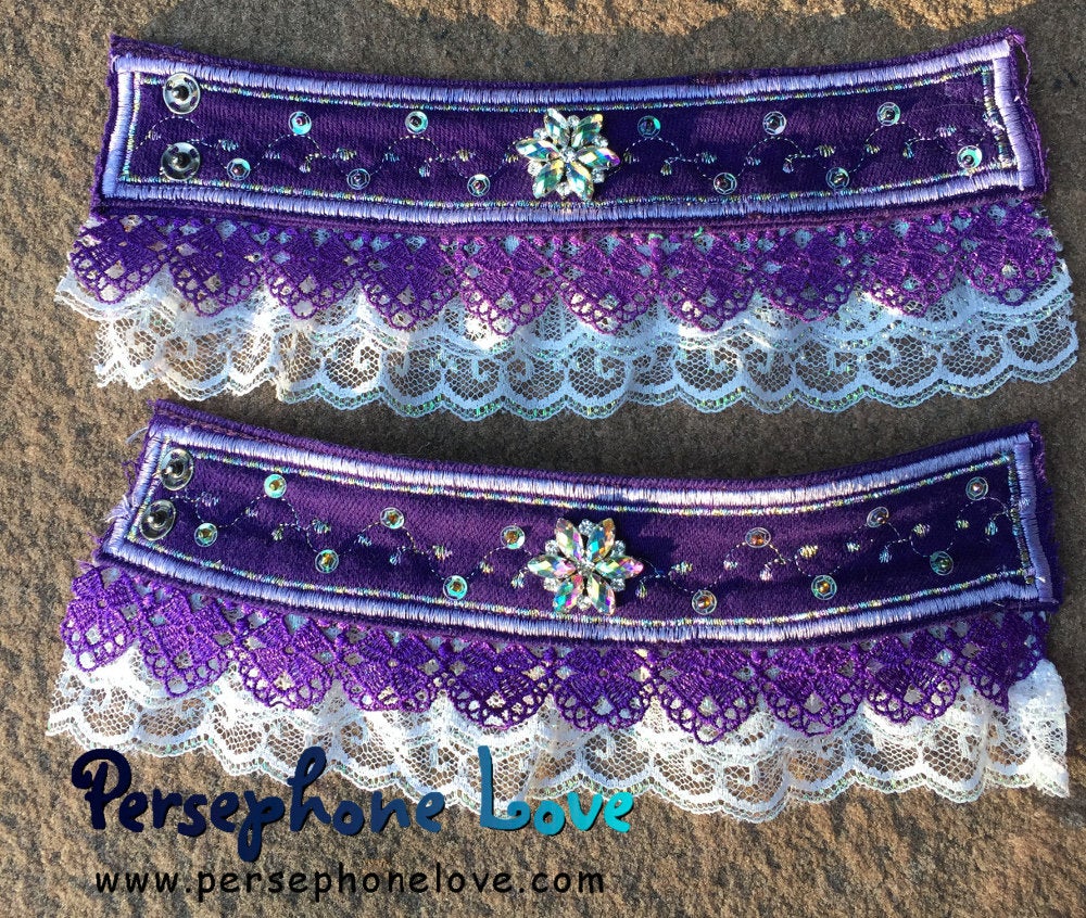 TWO Purple lavender iridescent white embroidered upcycled rhinestone denim bracelets