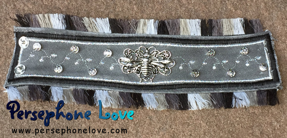 Grey silver embroidered beaded upcycled denim bracelet honeybee charm jewelry fringe-1128