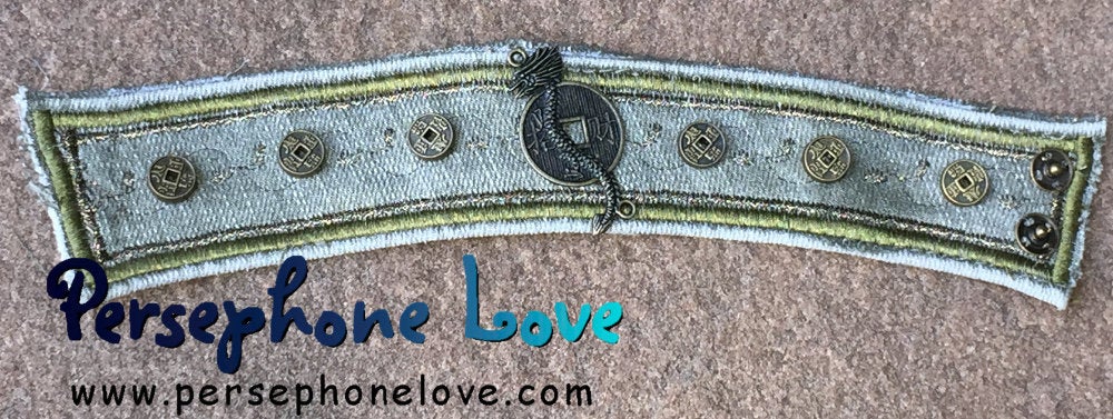 Olive grey antique gold embroidered beaded upcycled denim bracelet dragon Chinese coins-1165